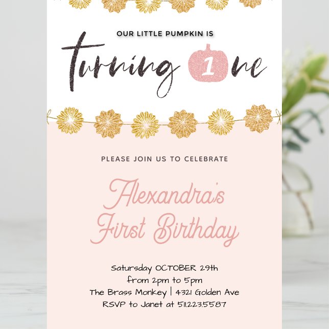 Convite Primeiro aniversario Dourado Floral de Halloween c (Halloween-1st-birthday-Invitation-Pumpkin-Pink-Gold-Floral-1)