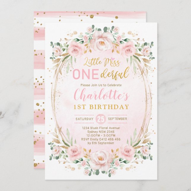 Convite primeiro aniversario Dourado Floral Rosa-Rosa (Frente/Verso)