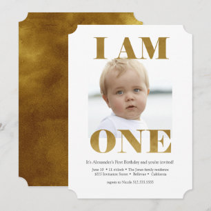 Convite primeiro aniversario Dourado moderno "EU SOU UM"