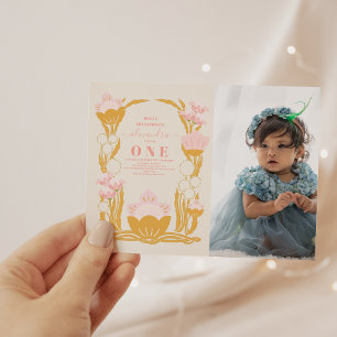 Convite Primeiro aniversario Dourado Rosa Floral