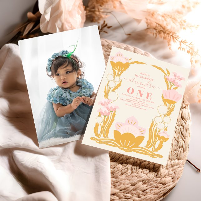 Convite Primeiro aniversario Dourado Rosa Floral (Criador carregado)