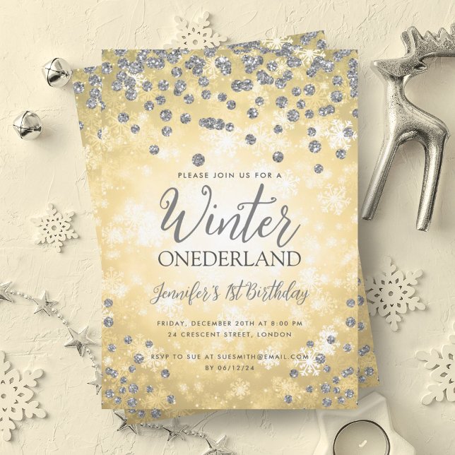 Convite primeiro aniversario Dourado Silver Winter ONEDERL (Gold Silver Winter ONEDERLAND 1st Birthday Invitation)