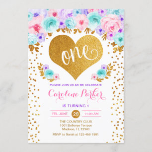 Convite primeiro aniversario - Dourado Teal Roxo-Rosa