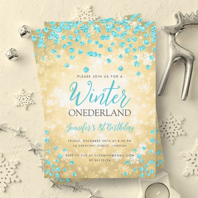 Convite primeiro aniversario Dourado Turquoise Winter ONED (Gold Turquoise Winter ONEDERLAND 1st Birthday Invitation)