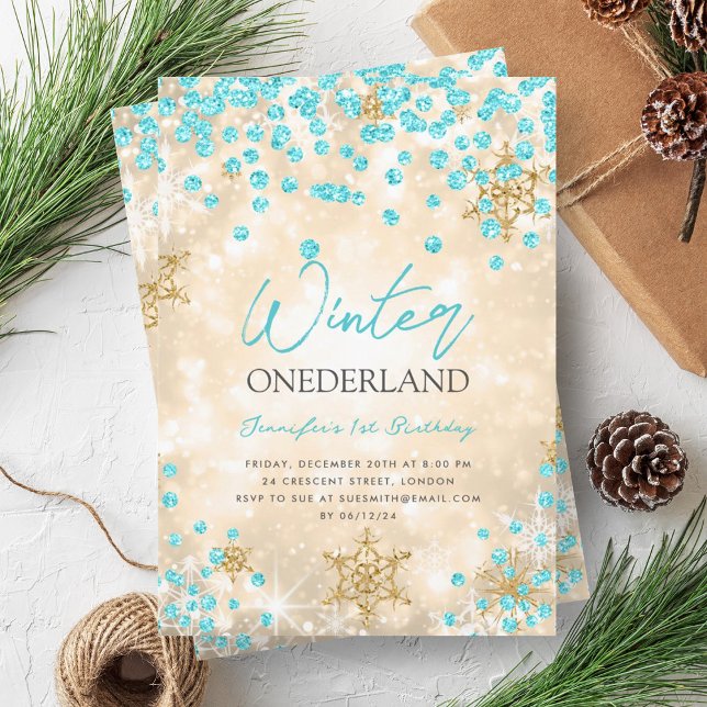 Convite primeiro aniversario Dourado Turquoise Winter ONED (Gold Turquoise Winter ONEDERLAND 1st Birthday Invitation)