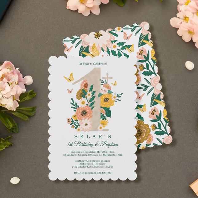 Convite primeiro aniversario e batismo Borboletas Florais (1st Birthday & Baptism Spring Florals Butterflies Invitation)
