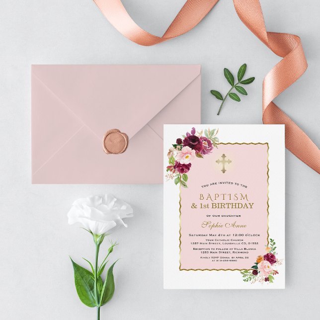 Convite Primeiro aniversario e batismo de Garota Floral Ro (burgundy pink flowers baptism first birthday invite, floral gold 1st birthday baptism invitation)