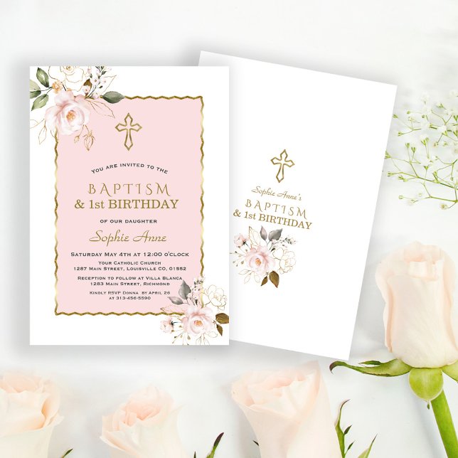 Convite Primeiro aniversario e batismo Dourado de menina c (pink floral baptism and 1st birthday invitation, elegant, trendy, modern baptism first birthday )