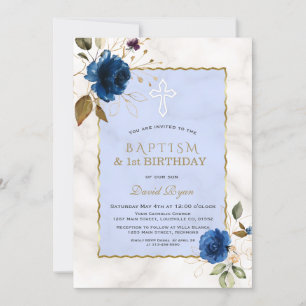 Convite Primeiro aniversario e batismo Dourado Floral Azul