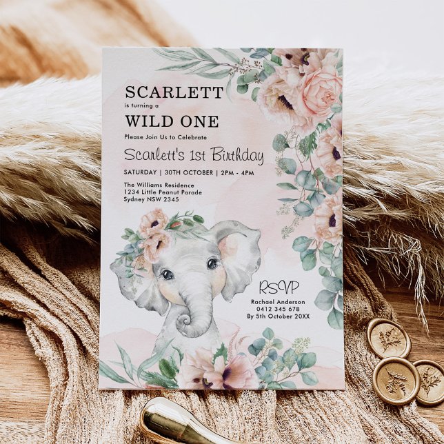 Convite Primeiro aniversario Elefante Blush Floral Eucalyp (Criador carregado)