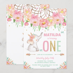 Convite Primeiro aniversario Elefante Boho Rosa Moça Flora
