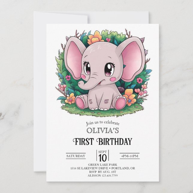 Convite primeiro aniversario Elefante bonito Digital (Frente)