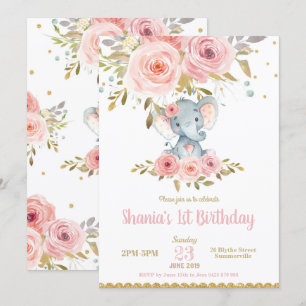 Convite primeiro aniversario Elefante - Garota Rosa Rosa