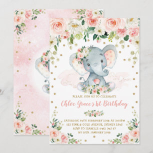 Convite Primeiro aniversario Elegante Blush Floral Elephan