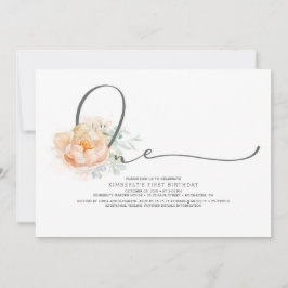 Convite Primeiro aniversario Elegante Floral de Peach e Cr
