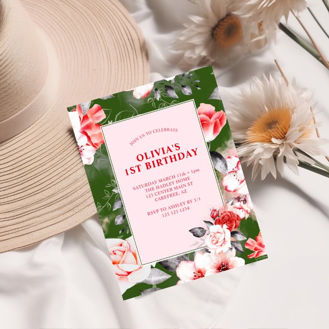 Convite Primeiro aniversario Elegante Floral Girls (Criador carregado)