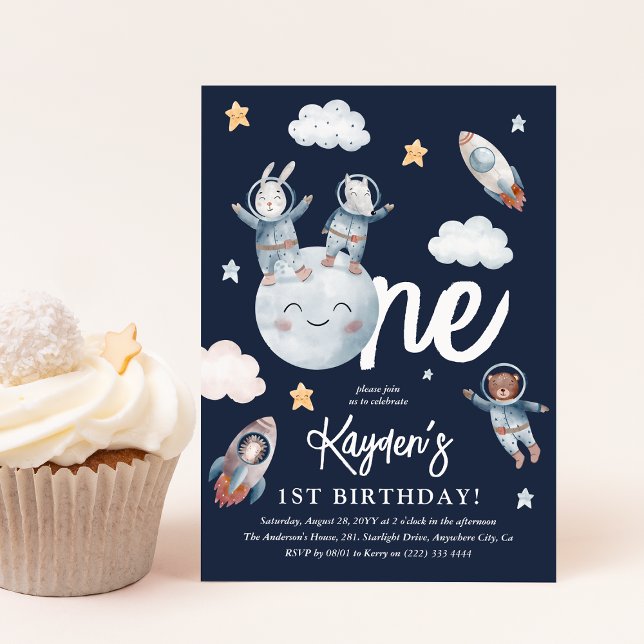 Convite Primeiro aniversario Espacial da Floresta Cura (Cute Space Woodland Animals 1st Birthday Party Invitation)