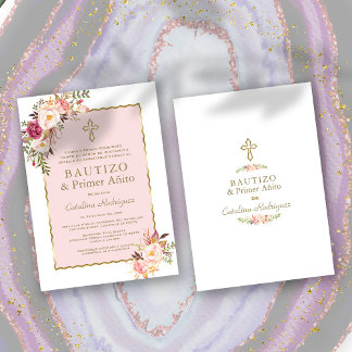 Convite Primeiro aniversario Espanhol Floral Cor-de-Rosa E