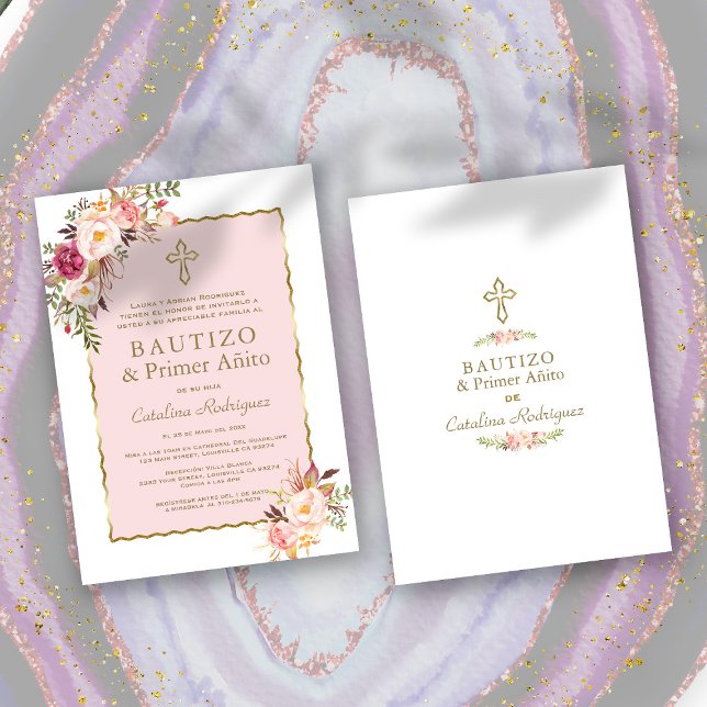 Convite Primeiro aniversario Espanhol Floral Cor-de-Rosa E (spanish baptism and birthday invitation, trendy baptism 1st birthday, elegant pink floral baptism)