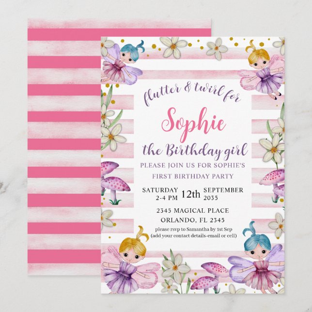 Convite Primeiro Aniversário Fada Princesa Rosa & Dourado (Frente/Verso)