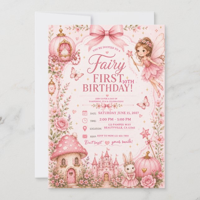 Convite primeiro aniversário fada rosa (Frente)