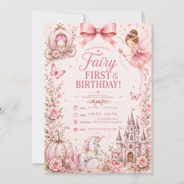 Convite primeiro aniversário fada rosa (Frente)