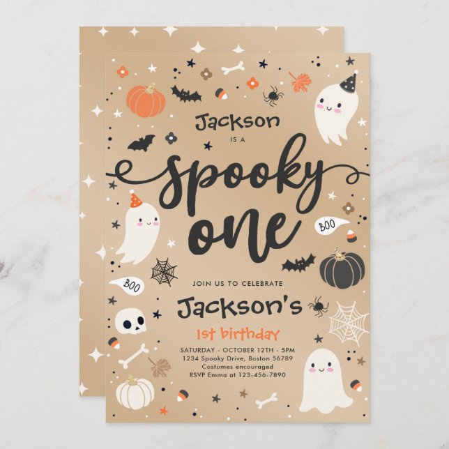 Convite Primeiro aniversario Fantasma de Halloween de Spoo (Frente/Verso)