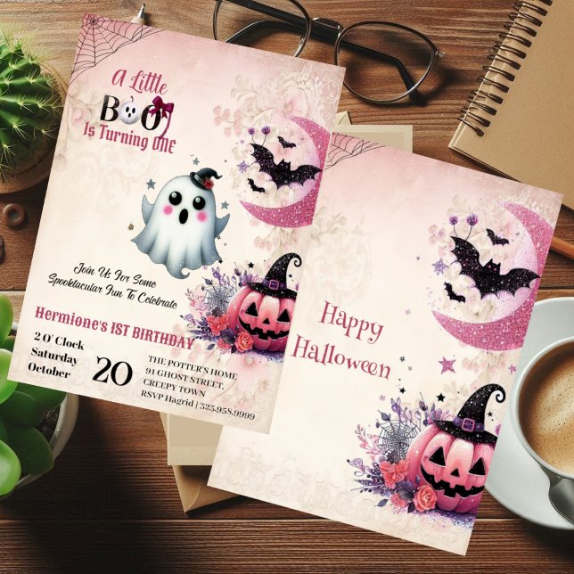 Convite Primeiro aniversario Fantasma de Jack Rosa Pequeno (Little Boo Pink Jack Halloween Ghost 1st Birthday Invitation)