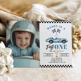 Convite Primeiro aniversario Fast One Blue Photo Race car 