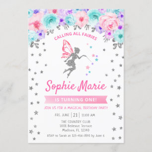Convite Primeiro aniversario feericamente - rosa roxo da