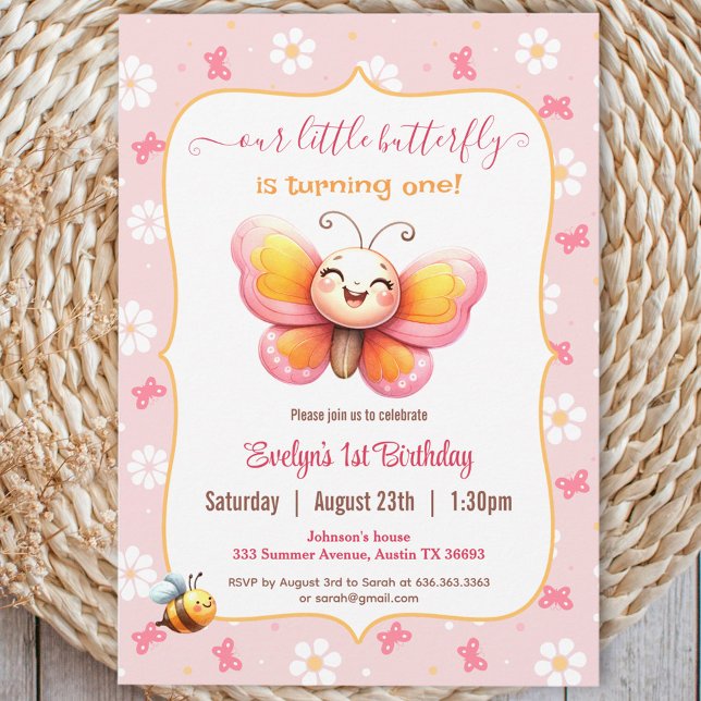Convite Primeiro aniversario Feliz da Borboleta Rosa Rosa- (Cute Happy Butterfly Pink Floral Girl 1st Birthday Invitation)