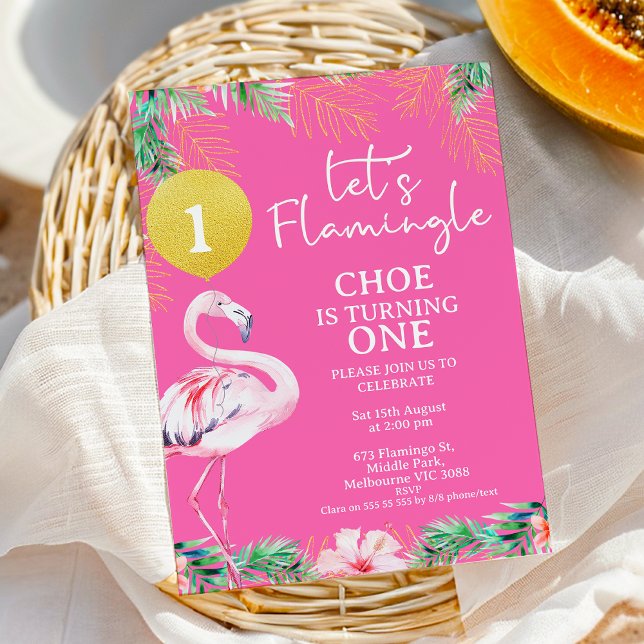 Convite Primeiro aniversario Flamingo Flamingo, cor-de-ros (Pink Lets Flamingle 1st Birthday Invitation Template, Printable Pink Flamingo Birthday Invitation )