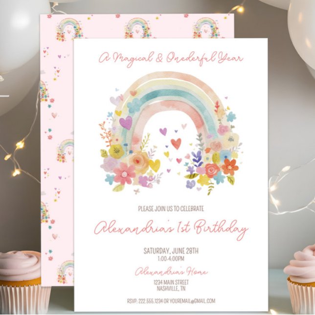 Convite Primeiro aniversario Floral Arco-Íris Rosa Pastel (Celebrate a magical, whimsical first birthday with a boho floral, pastel rainbow invitation! )