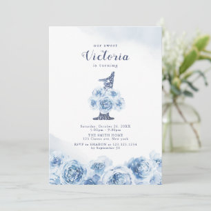 Convite Primeiro aniversario floral azul de script brilhan