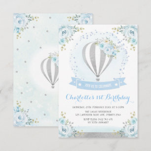 Convite Primeiro aniversario Floral Azul Silver Balão de A