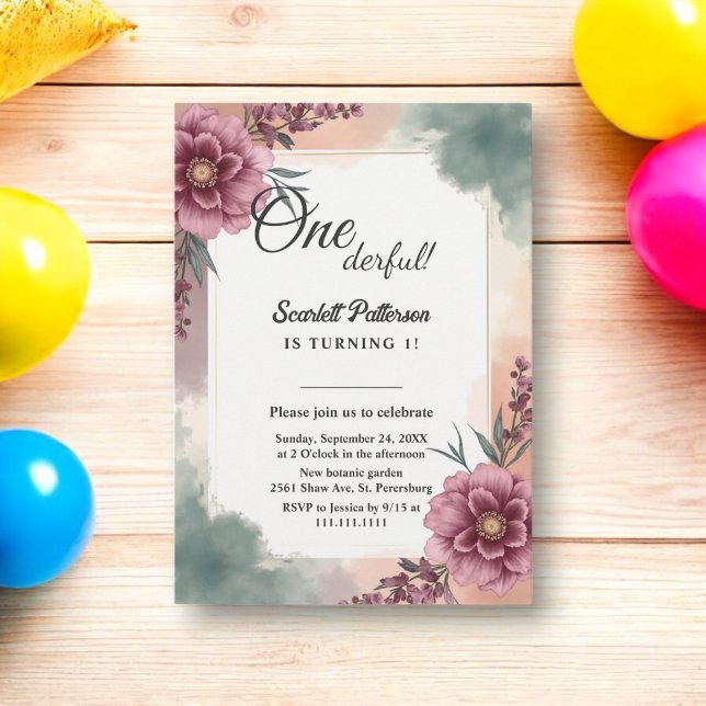 Convite Primeiro aniversario Floral Botânico Rustic Waterc (Criador carregado)