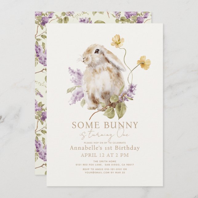 Convite Primeiro aniversario Floral Bunny Lop Purple Lilac (Frente/Verso)