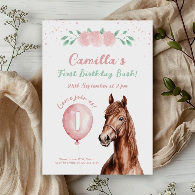 Convite Primeiro aniversario Floral Cavalo Gentil (Criador carregado)