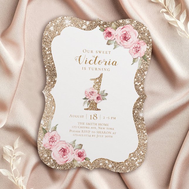 Convite Primeiro aniversario floral cor-de-rosa e brilho d (Sparkle gold glitter and pink floral 1st birthday invitation)
