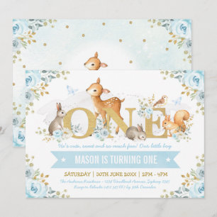 Convite Primeiro aniversario floral Dourado azul dos