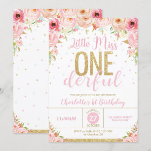 Convite primeiro aniversario Floral Menina One Dourado