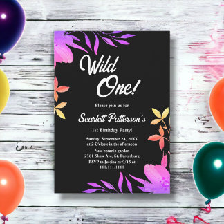 Convite Primeiro aniversario Floral Neon De Cor Preta E Br