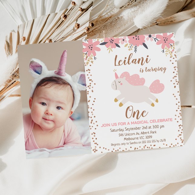 Convite Primeiro aniversario Floral Rosa Dourado Unicorn R (Pink Floral Unicorn 1st Birthday Invitation TEMPLATE, Cute Unicorn Pink Floral Rose Gold Glitter )