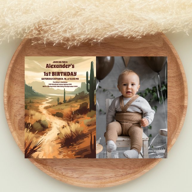 Convite Primeiro aniversario Foto Retro Desert Cactus (Criador carregado)