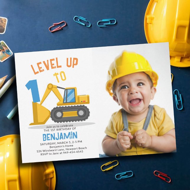 Convite Primeiro aniversario Fotográfico de Nível Superior (photo construction invitation 1st birthday first one boys bulldozer vehicle truck theme personalized)