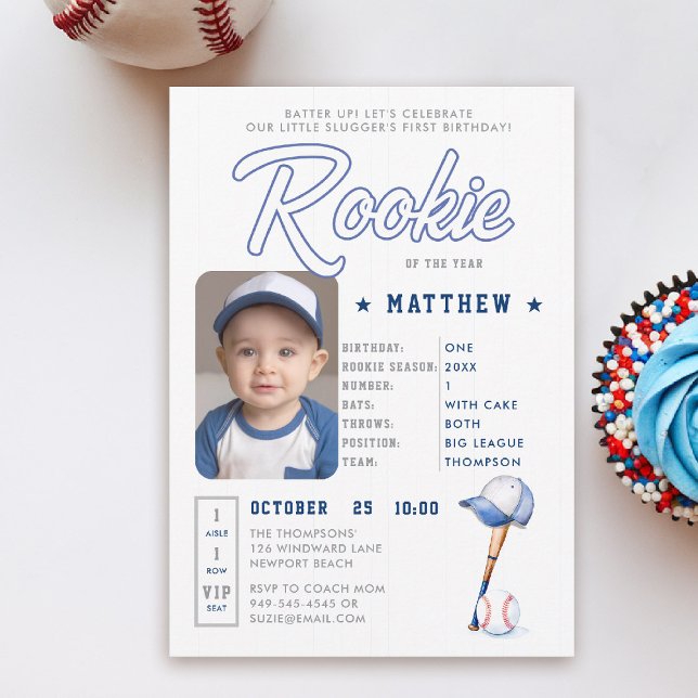 Convite Primeiro aniversario Fotográfico do Baseball Rooki (rookie of the year 1st birthday invite boy baseball theme sports player stats card ticket blue card)