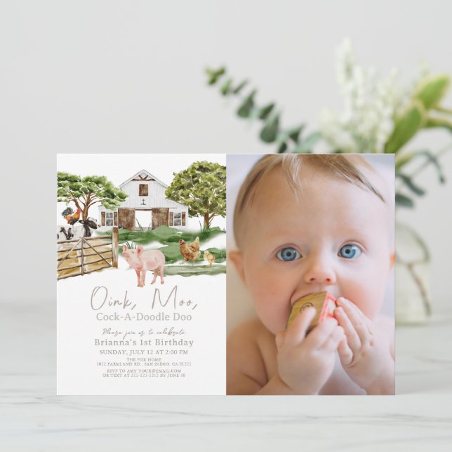 Convite Primeiro aniversario Fotográfico W/C de Barnyards  (Em pé/Frente)