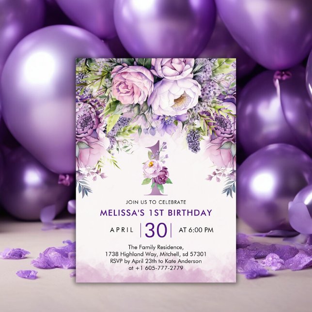 Convite Primeiro aniversario francês Lilac e Flor do Jardi (Purple & Pink Garden Flowers Girl 1st Birthday Invitation)