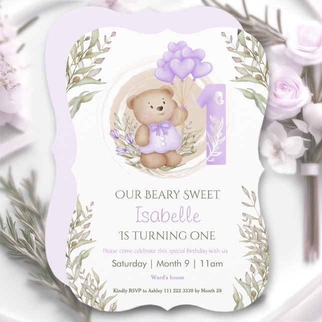 Convite primeiro aniversario Garota Cute Urso Púrpura (1st Birthday Girl Cute Teddy Bear Purple Balloons Invitation)