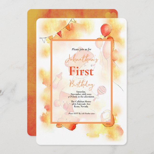 Convite Primeiro Aniversário Gelado Laranja Cor de Água Be (Frente/Verso)